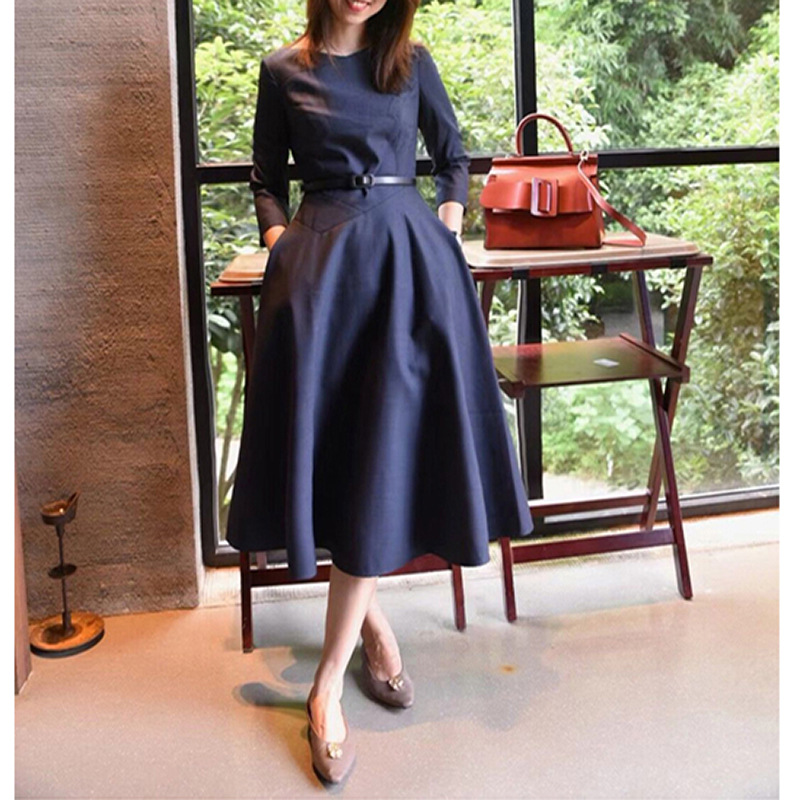 New French Women Retro Fashion Dress Swing Ladies Midi Elegant