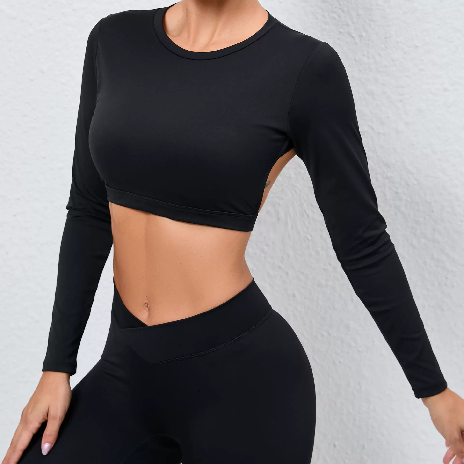 Короткая спортивная sexy быстросохнущая одежда для йоги, длинный рукав для зала, без спинки, для бега, облегающая