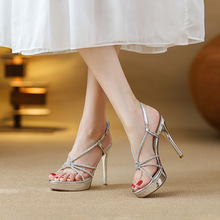 法式绝美水钻防水台露趾高跟鞋女性感仙女配裙子细跟凉鞋2025新款