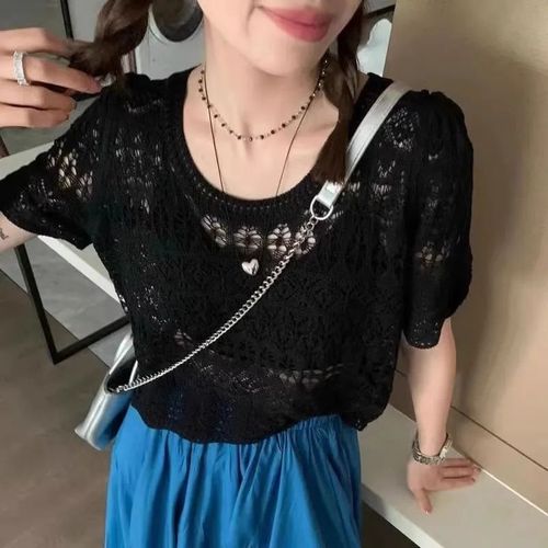 Summer New Arrival Lacehole Thin Short Sleeve Knit Top Women's Quality Elegant Style Loose Casual Trendy French Style Top