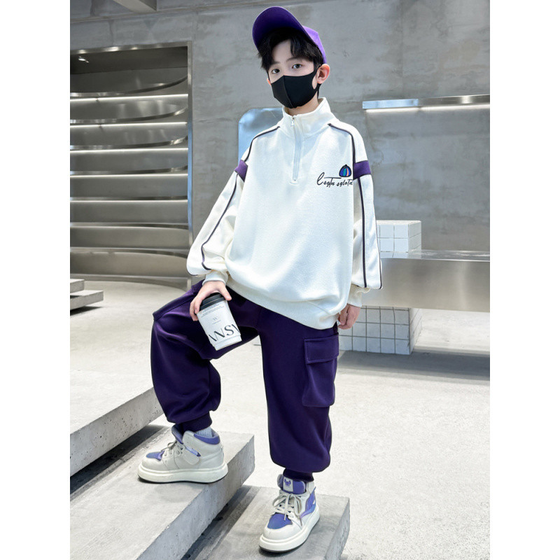 (2개) 소년의 봄과 가을 유행 인쇄 세트 2024 새로운 미드 빅 어린이 서양 스타일 느슨한 운동복 2 피스 가을 원피스