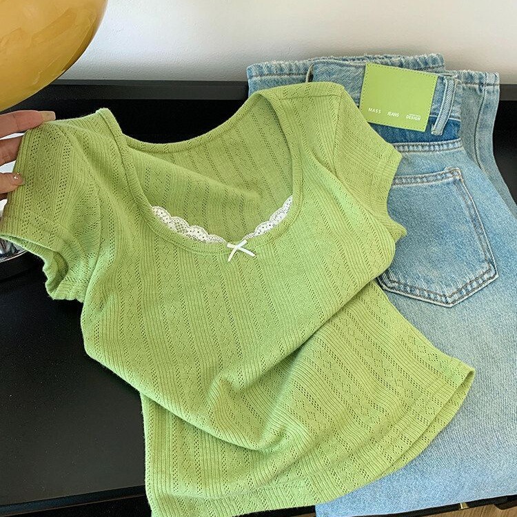 2026 Green Ultra-Flattering Lace Patchwork Bow Short-Sleeve Shirt for Women, Summer Elegant Slim-Fit Chic Top 2026 Green Ultra-Flattering Lace Patchwork Bow Short-Sleeve Shirt for Women, Summer Elegant Slim-Fit Chic Top