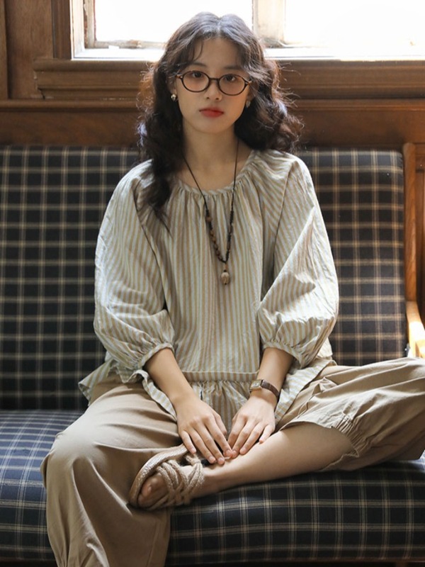 甜美日系圆领通勤花边条纹衬衫女夏季新款宽松百搭衬衣气质上衣潮|undefined