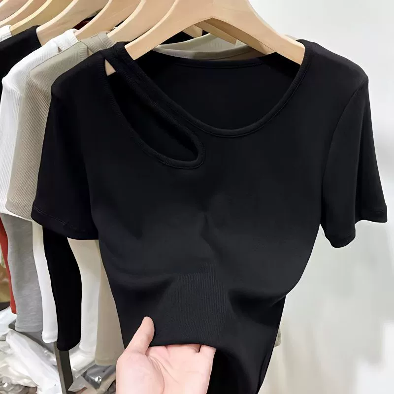 Футболка с вырезом, женская футболка с короткими рукавами, Новинка лета 2023, облегающий живот, осторожно, стилист, универсальный топ, модный