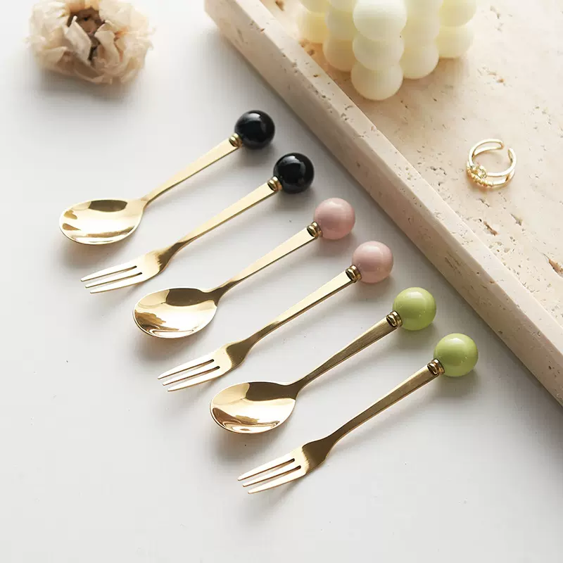简约马卡龙色釉陶瓷手柄水果叉创意不锈钢叉勺高颜值家用甜品勺子