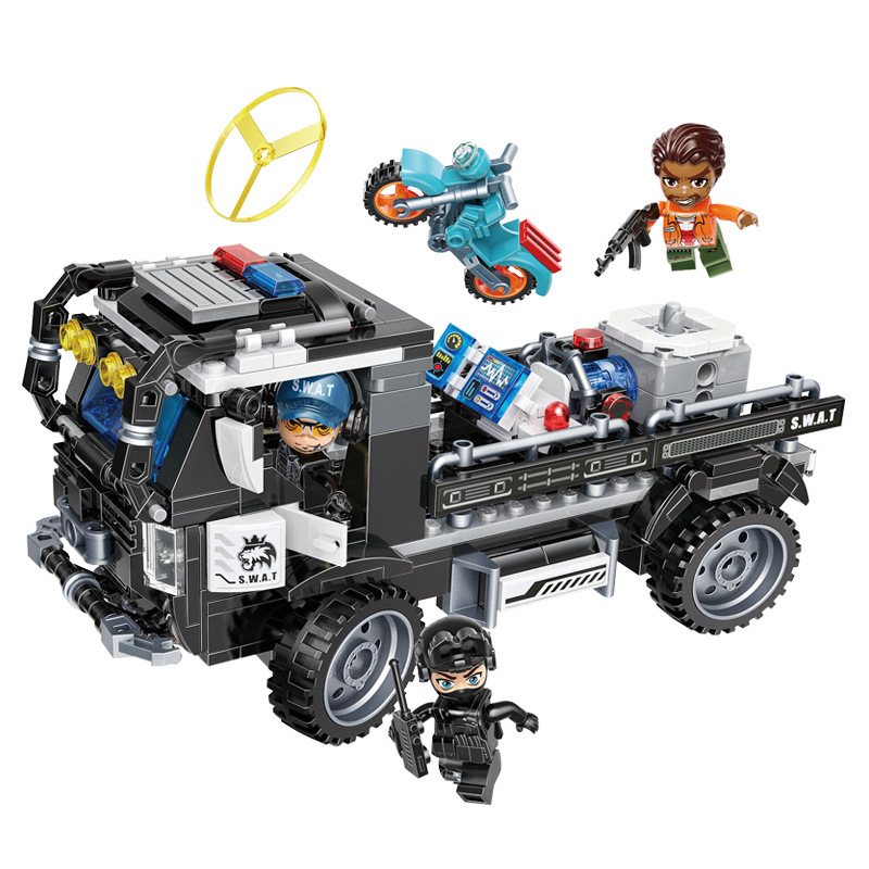 Ilustración serie de policía 11011 policía especial tigre dientes de sable coche de policía especial motocicleta vehículo todoterreno pequeña partícula ensamblada bloques de construcción