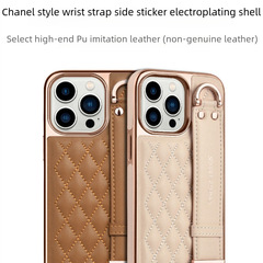 Small Fragrance Leather Wrist Strap Suitable for Apple 14 Pro Max Phone Case, Full Coverage iPhone 13 PM Stand Protective Case