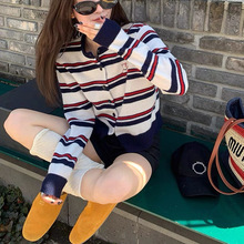 牙套大王【可爱修狗】秋季打底衫长袖条纹针织衫圆领miu系开衫女