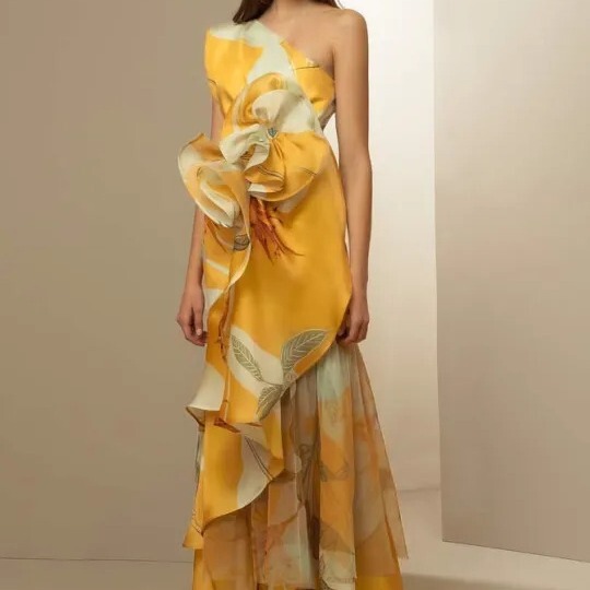 European cross-border summer new French retro high-Ji temperament waist casual printing slant shoulder dress