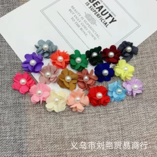 韩版2.5cm四叶珍珠布艺手工小花diy发饰耳环娃娃服装辅料装饰配件