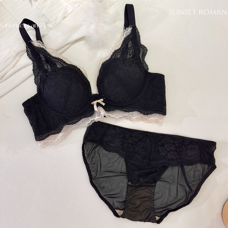 715 traje de mujer de lencería de encaje francés retro cómodo sin anillo de acero, sujetador lateral de pecho pequeño sexy de grosor medio