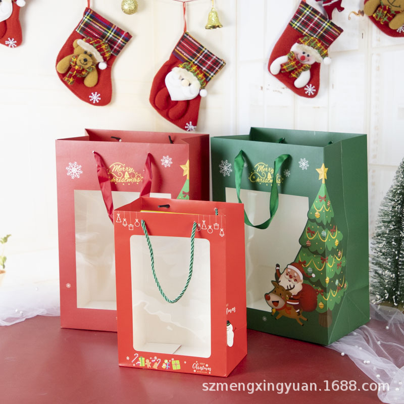 Navidad de alto valor, caricatura, Papá Noel, renos, muñeco de nieve, ventana transparente, regalo, bolsa de papel