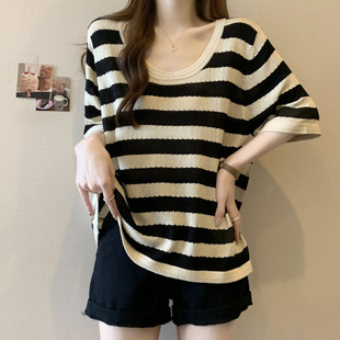 Plus-Size New Style Regular Shoulder Striped T-Shirt Slimming and Covering Knit Short-Sleeve Top