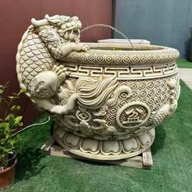 汉白玉吸水兽聚宝盆流水石缸浮雕貔貅瑞兽石缸养鱼池流水摆件