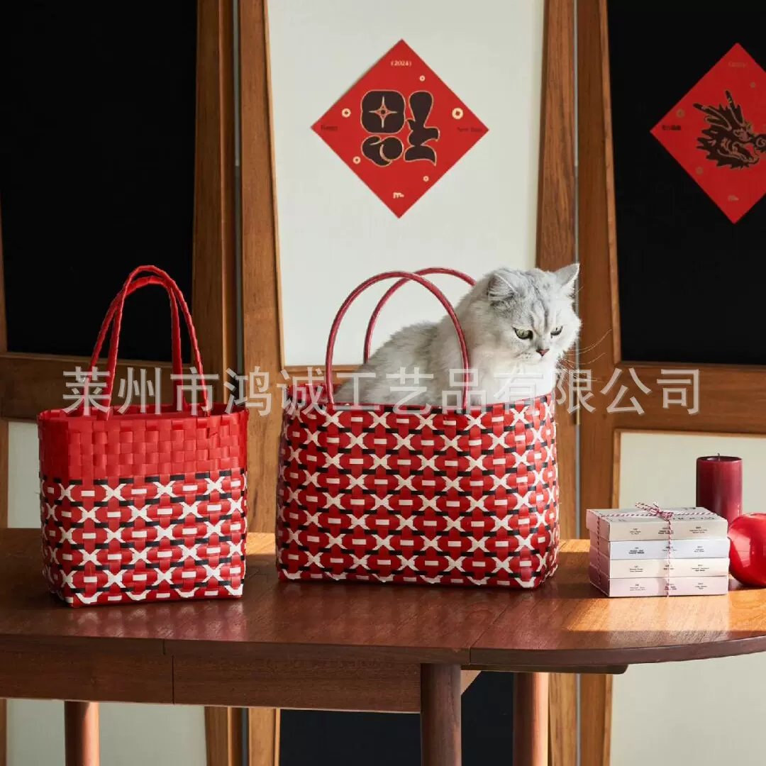 大容量新年编织手提菜篮子包红色喜庆结婚伴手礼篮手拎篮子包包女