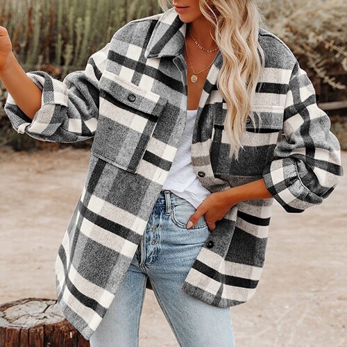  Amazon Autumn and Winter Women's Clothes Cross-border Europe and America Amazon Plaid Button Flannel Tweed Shirt Coat 