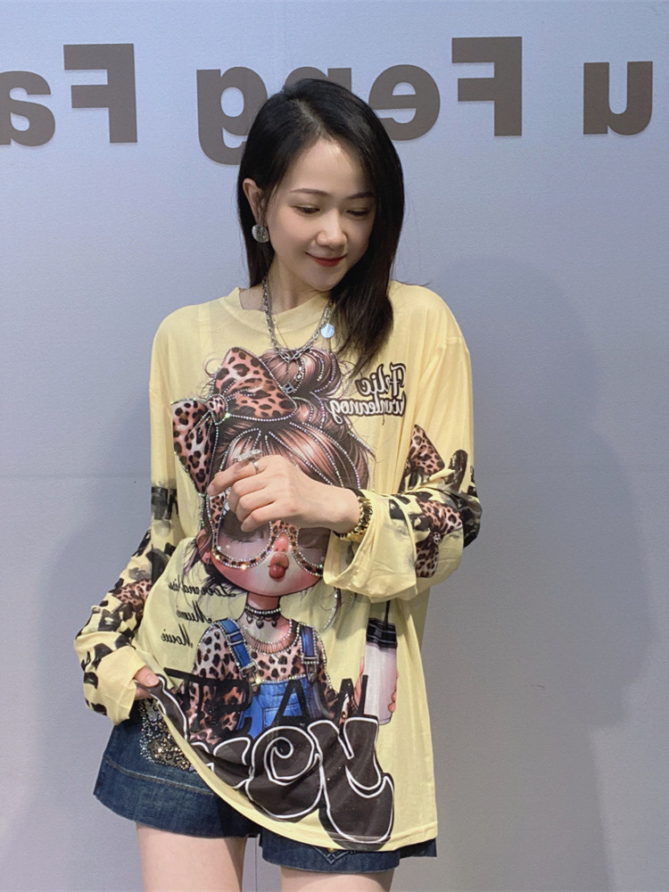 Gran tamaño de ropa de mujer con malla de fuga de cuello redondo de manga larga ropa de base de mujer impresión de verano suelta para cubrir la carne perezosa brisa de moda image 3