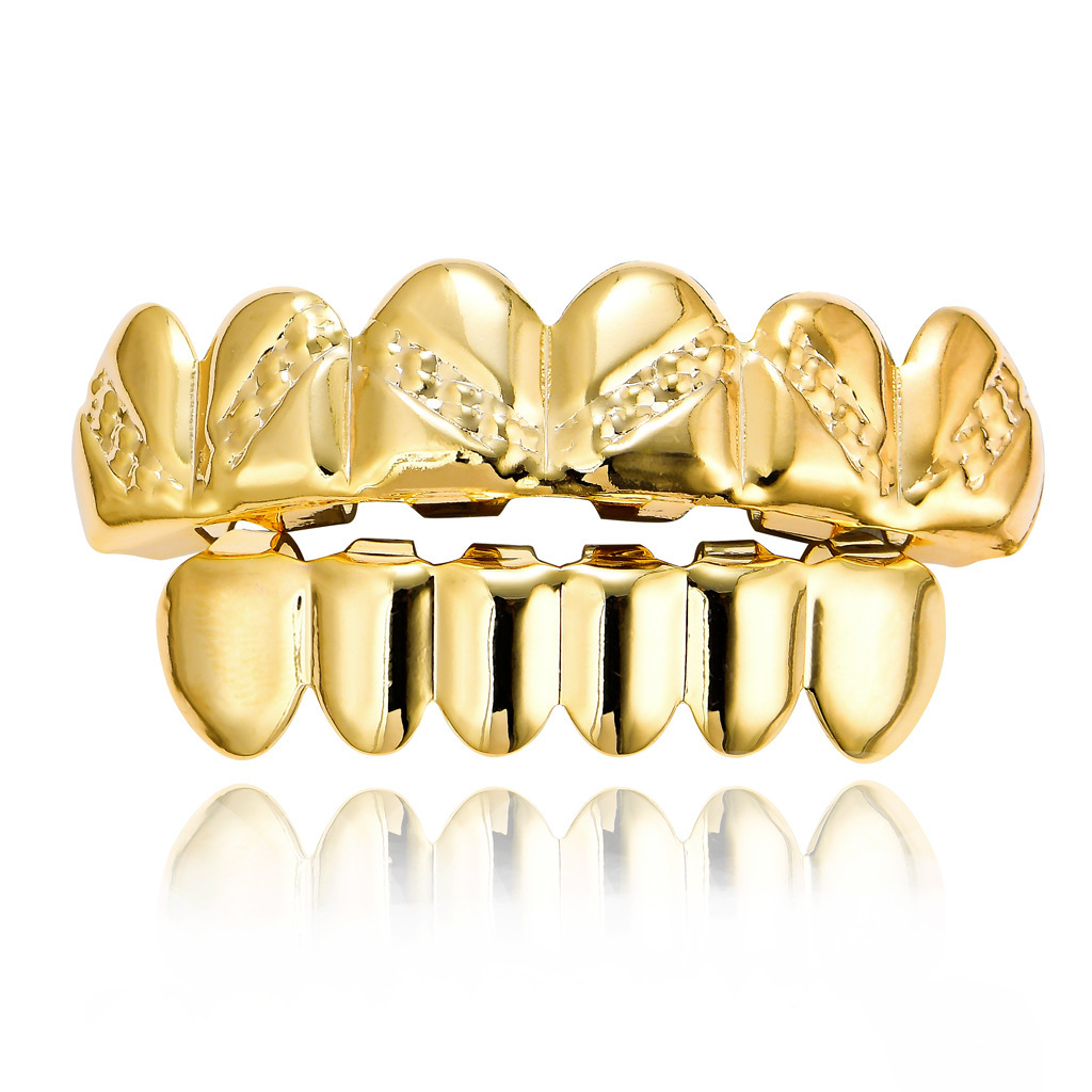 Europeo y americano nuevo hip hop personas real chapado en oro tirantes cóncavo-convexo Plaid textura hip hop tirantes grandes dientes de oro