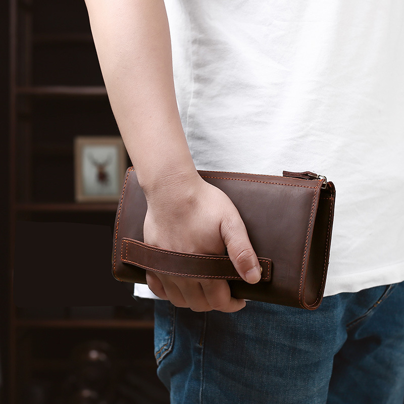 Wholesale Men's Genuine Leather Handbag Long Zipper Clutch Bag Crazy Horse Leather Vintage Clutch Bag Youth Mobile Phone Bag Trendy Bag