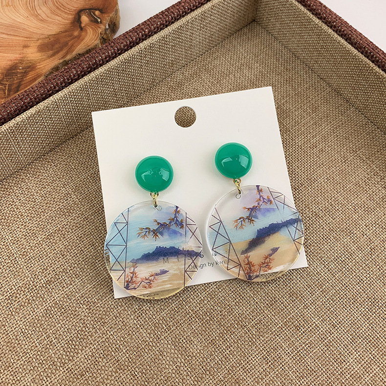 Vente En Gros Bijoux Peinture De Paysage Boucles D&#39;oreilles Pendantes Géométriques Nihaojewelry display picture 6