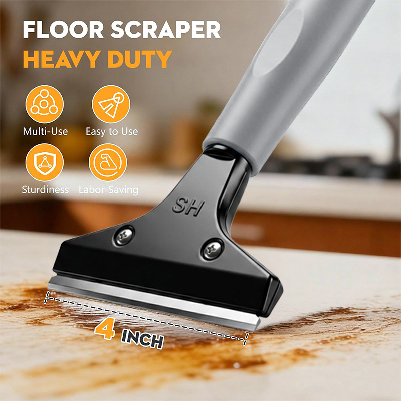 Cleaning scraper for post-renovation cleaning with replaceable blades, glass adhesive remover, tile and floor scraper, handheld with short telescopic handle