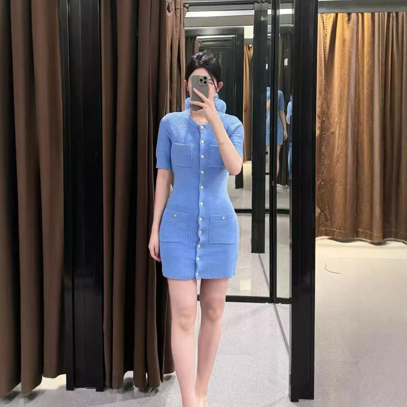 Foreign Trade Women's Wear ZA Series Small Chanel Style Round Neck Short Sleeve Golden Button Knitted Mini dress 3471018