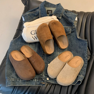 Vintage Birkenthal Baotou Slippers Women's Inner Height Increasing 2024 New Spring and Autumn Fashion Thick Scrub Leather Birkenthal Half Slippers