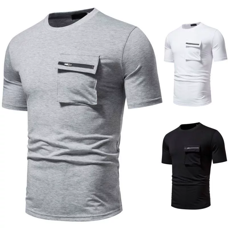 2023 летняя новая внешняя торговля Мужская мода Повседневная футболка с короткими рукавами нагрудный карман декоративная Мужская футболка с короткими рукавами и круглым вырезом