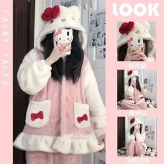 可爱卡通小猫珊瑚绒睡衣女秋冬季加厚加绒连帽睡袍套装家居服