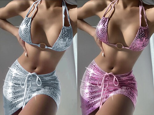  European and American snakeskin pattern drawstring strap three-piece short skirt bikini swimsuit AliExpress Amazon Foreign Trade