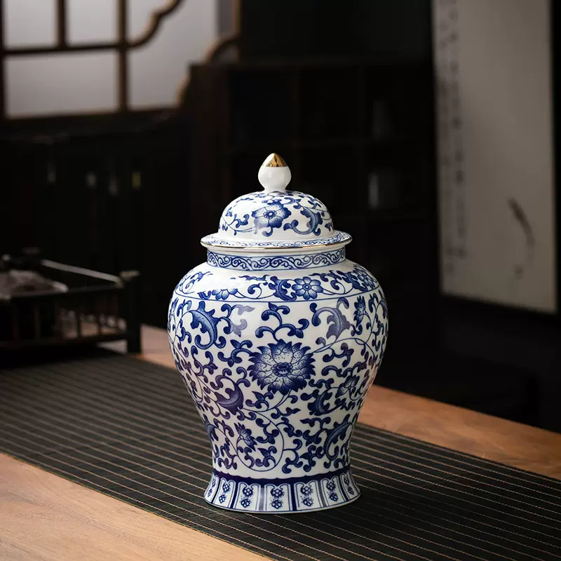 青花陶瓷精品防潮茶叶罐将军罐陶瓷密封家摆件高档青花茶叶罐批发