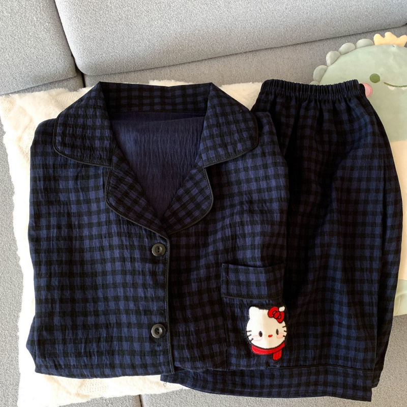 ピンク KT 猫パジャマ夏の女性の純粋な綿半袖ショーツ甘い雲綿夏は家の服セットの外で着用できます|undefined