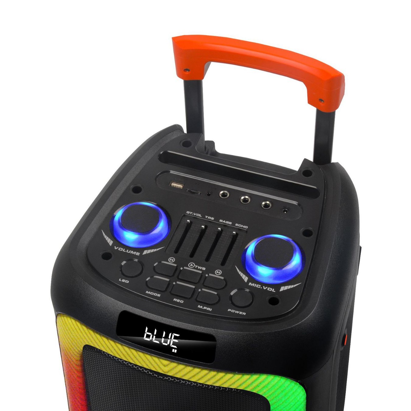 Subwoofer pesado colorido barra de tracción de sonido al aire libre doble 8 pulgadas alto volumen 2 micrófonos móviles inalámbricos Bluetooth