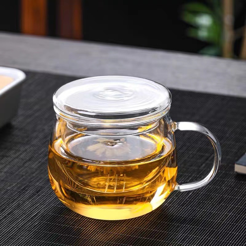 Taza de vidrio de alto borosilicato, taza de té de vidrio, cinta de taza de té de flores, taza de té de tres piezas, taza de té de filtro, taza de agua de oficina