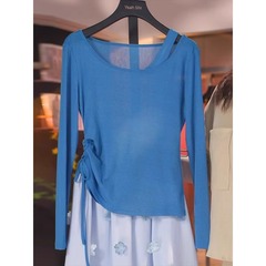 ブランド貿易～カットラベルカウンターフェイクツーピースオフショルダーブルー長袖Tシャツレディース巾着ウエスト痩身トップ