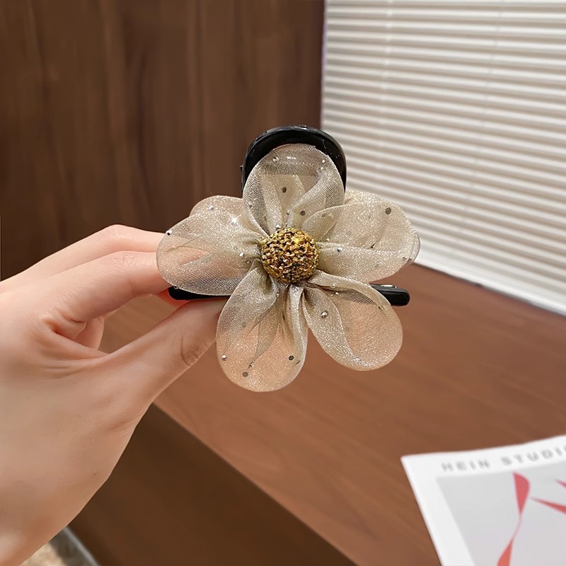 Flores de diamante de malla clip de agarre para mujeres 2025 nuevo temperamento de alto nivel detrás de la cabeza clip de cola de caballo clip de cabello tocado