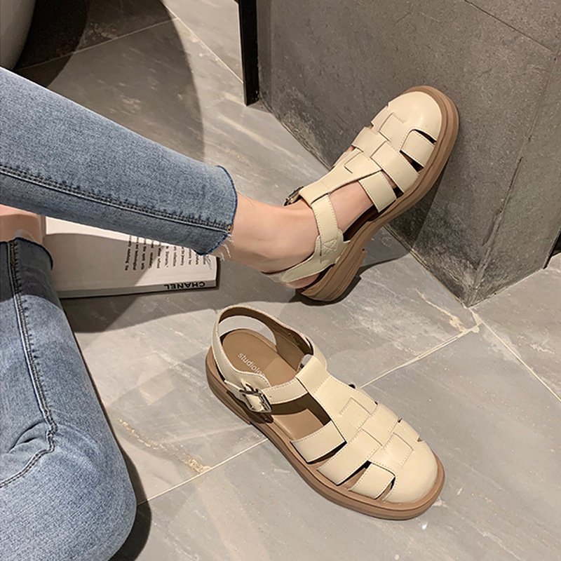 2024 verano nuevo estilo sandalias romanas retro tejido Baotou tacón grueso plataforma retro sandalias romanas planas mujeres