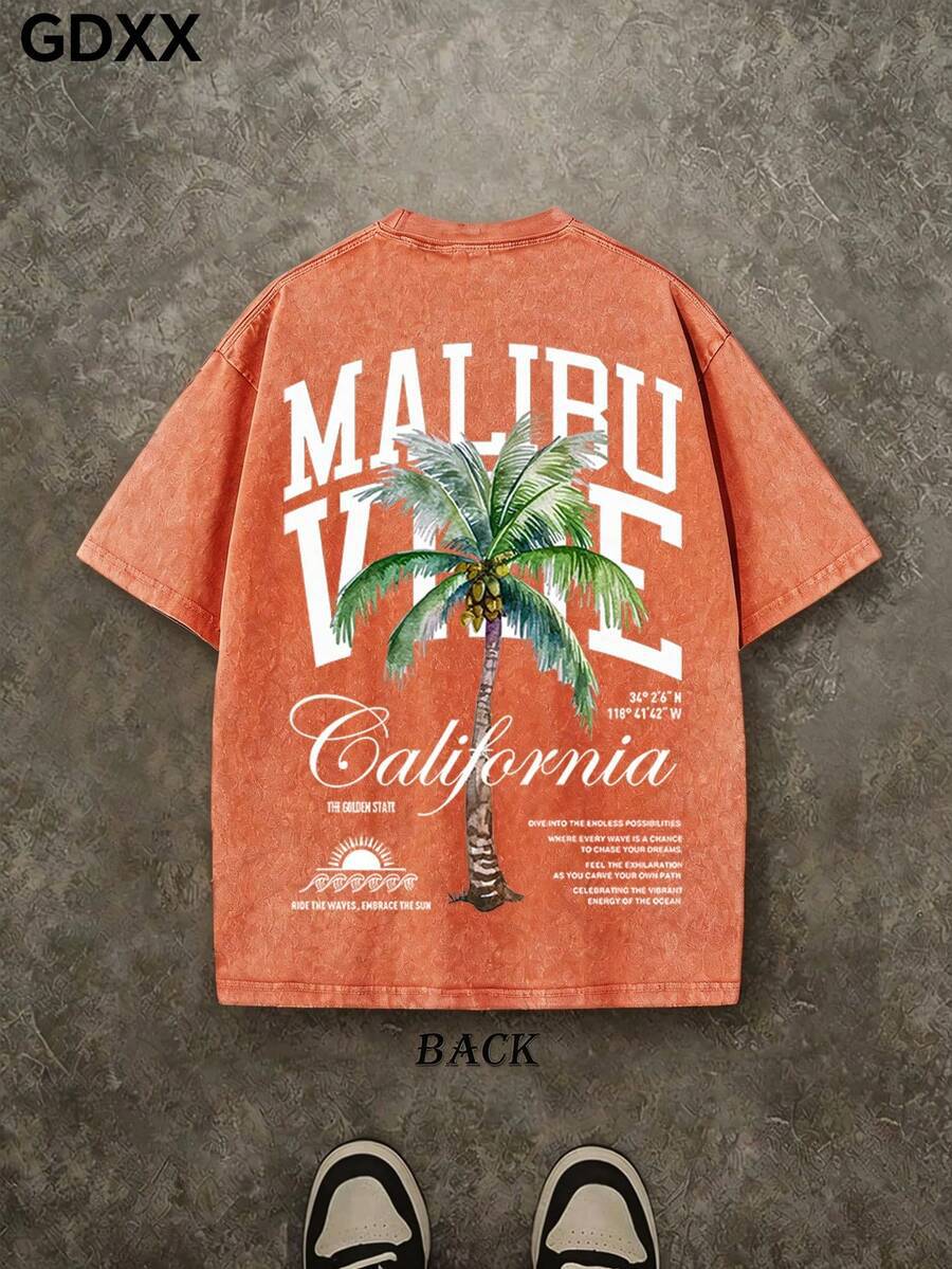 Camiseta de hombre de algodón con estampado de palmera casual_voghion.com