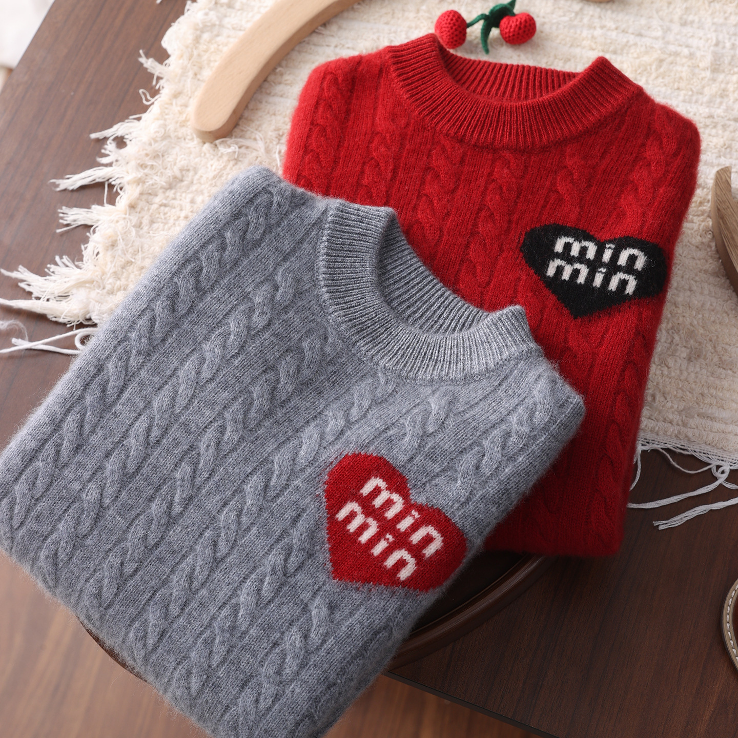 High-quality cashmere knitwear for children, boys and girls, heart-patterned jacquard baby sweaters, cable knit cashmere base layer tops