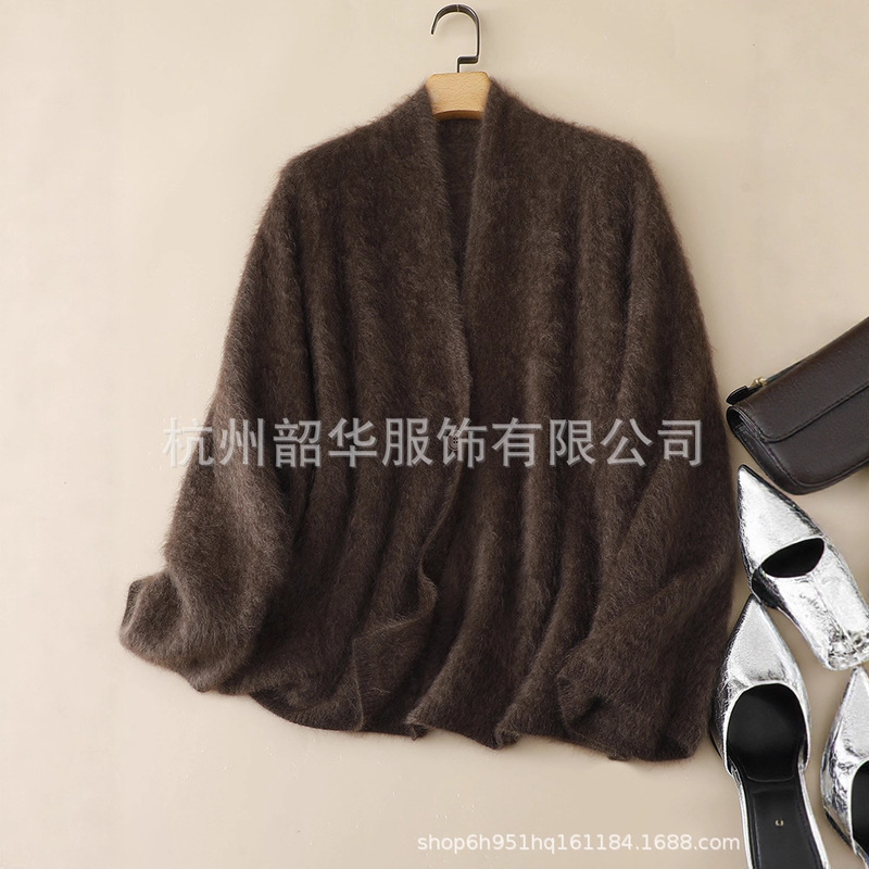 Brushed Cashmere Sweater, Loose Fit, Straight Long Sleeves, Lazy Style, V-Neck, Single-Button Cardigan, Shawl, Windproof, All-Cashmere