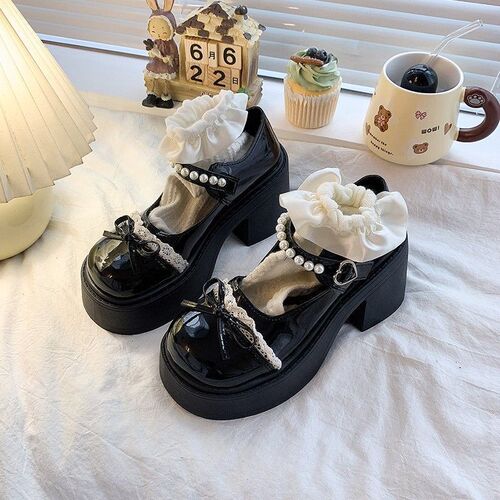Thick sole, height-increasing skirt, single-layer shoes, women's spring and summer new retro French pearl bow, preppy leather shoes