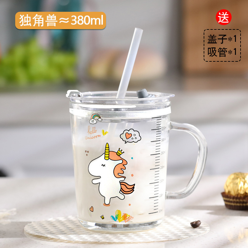 吸管玻璃杯家用儿童水杯可爱卡通刻度牛奶杯带把手耐高温吸管水杯|undefined