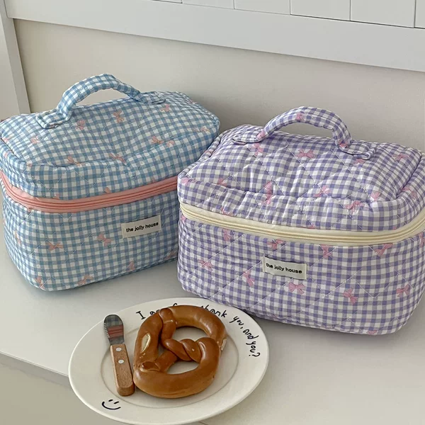 Plaid Bow Cosmetic Bag Large Capacity Sweet Student Quilted Storage Bag Portable Soft Handbag Toiletry Bag