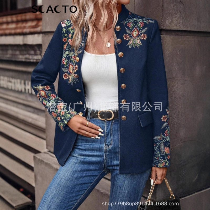 2025 Cross-Border Amazon European and American Autumn and Winter New Women's Jacket Printed Small Suit Fashion Double-Breasted Coat for Women