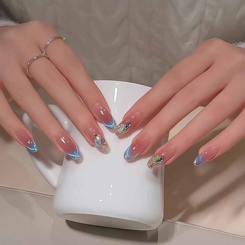 Caita-[Rainbow Chasing the Moon] Purely Handmade Dopamine Cat-Eye French-Style Wearable Nail Art That Enhances Complexion, Purely Handmade Nail Art