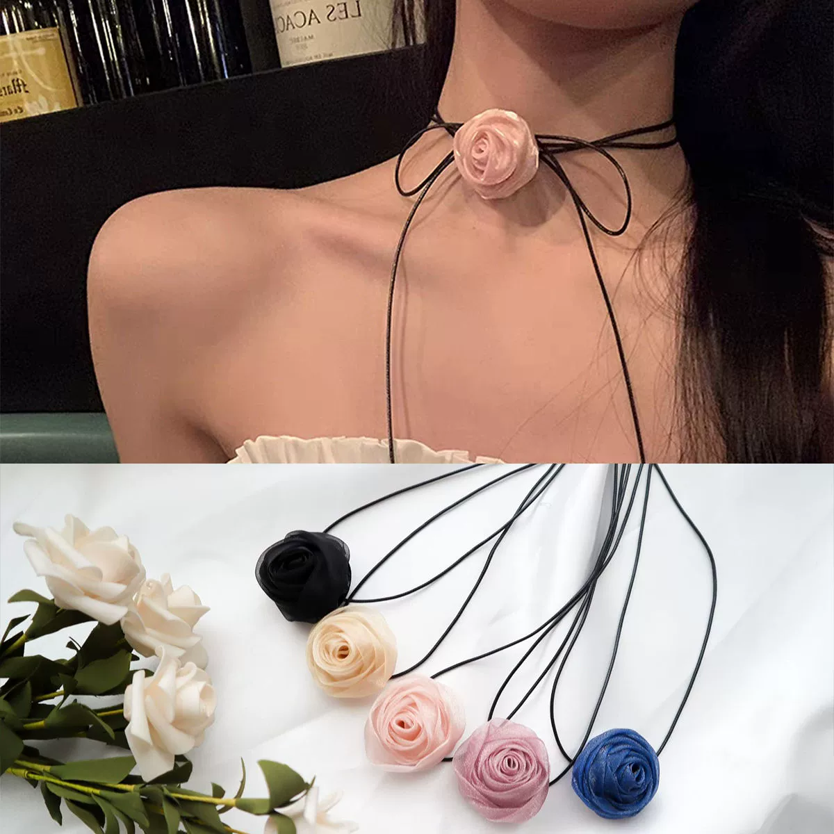 Темперамент ремешок ожерелье женский цветок розы шейный лук шнуровка кокер воротник сладкая цепочка ключицы