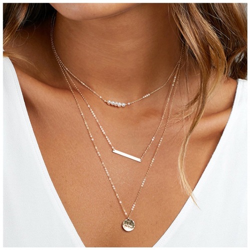 European and American jewelry wholesale, pearl disc pendant accessories, metal strip, multi-layer metal simple imitation pearl necklace