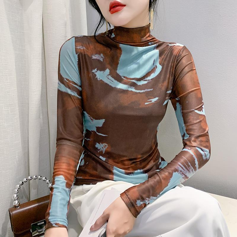 이른 가을 유럽 상품 센스 하이 칼라 풀오버 메쉬 티셔츠 여성용 2023 새로운 대조 색상 캐주얼 탑 롱 슬리브