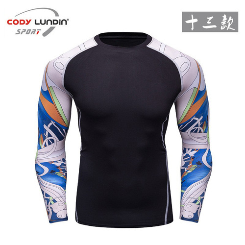 New moisture-absorbent and breathable printed tights long-sleeved compression running T-shirt men's fitness wear A038