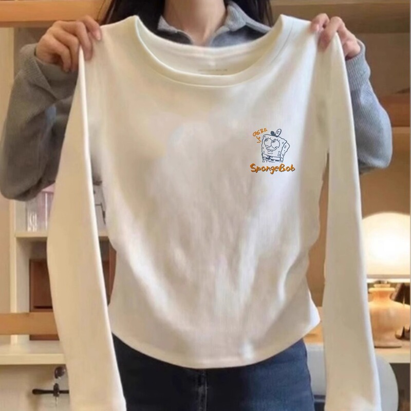 Early Spring Cotton Long-Sleeved T-Shirt Women's 2025 New Autumn and Winter Velvet Short Style Inner Layering Shirt Top